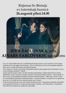 Ievas Šablovskas(arfa) un Ainara Šablovska (saksofons) koncerts 26.augustā plkst.14.00